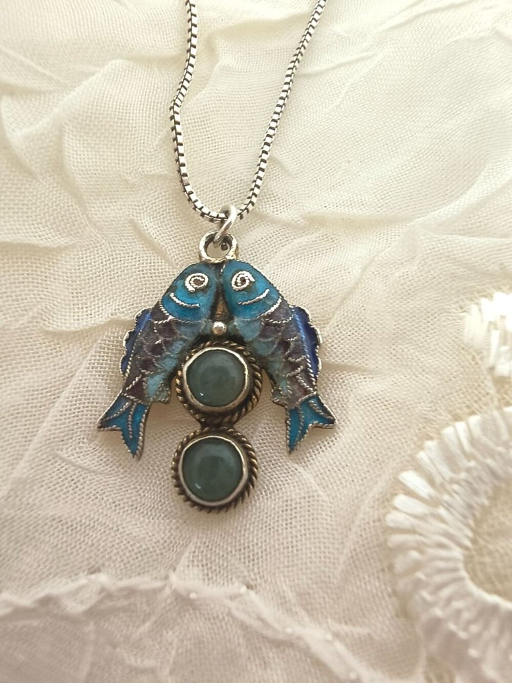 Sterling Silver Kissing Koi Pendant with Blue Cloisonné Enamel & 925 Box Chain - Picture 2 of 8